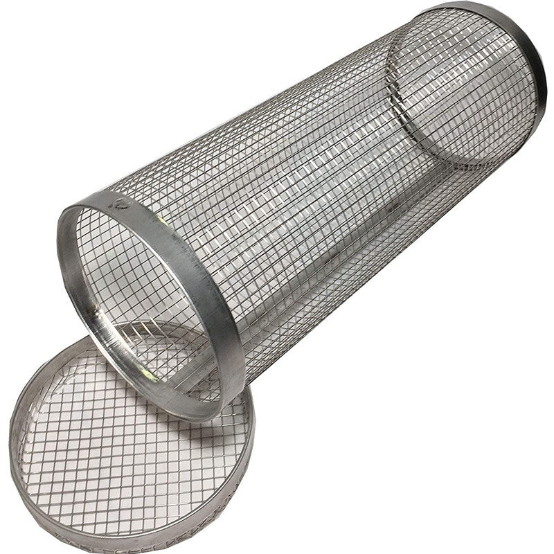 Stainless steel mesh grilling basket cylinder with end rims and long handle.