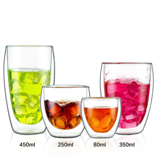 Clear double-wall glass mugs with colored drinks, visible capacities 450ml, 250ml, 80ml, 350ml