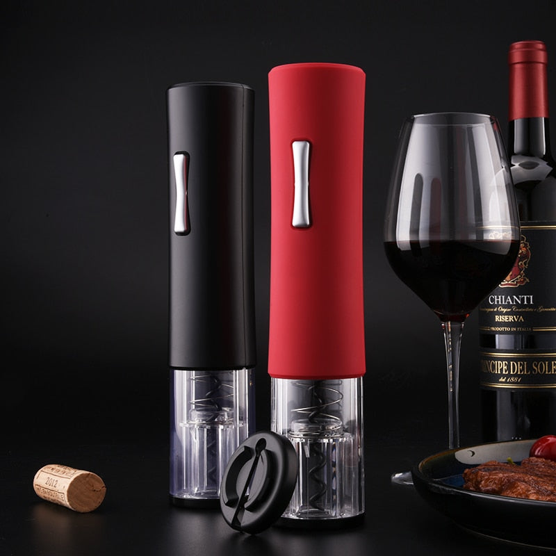 Red and black electric wine bottle openers with clear chambers for wine bottles