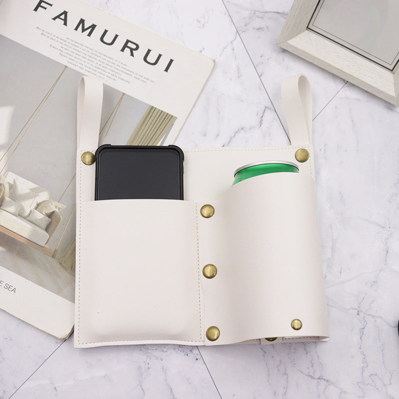 White camping chair side storage bag with tablet pocket and brass snap buttons