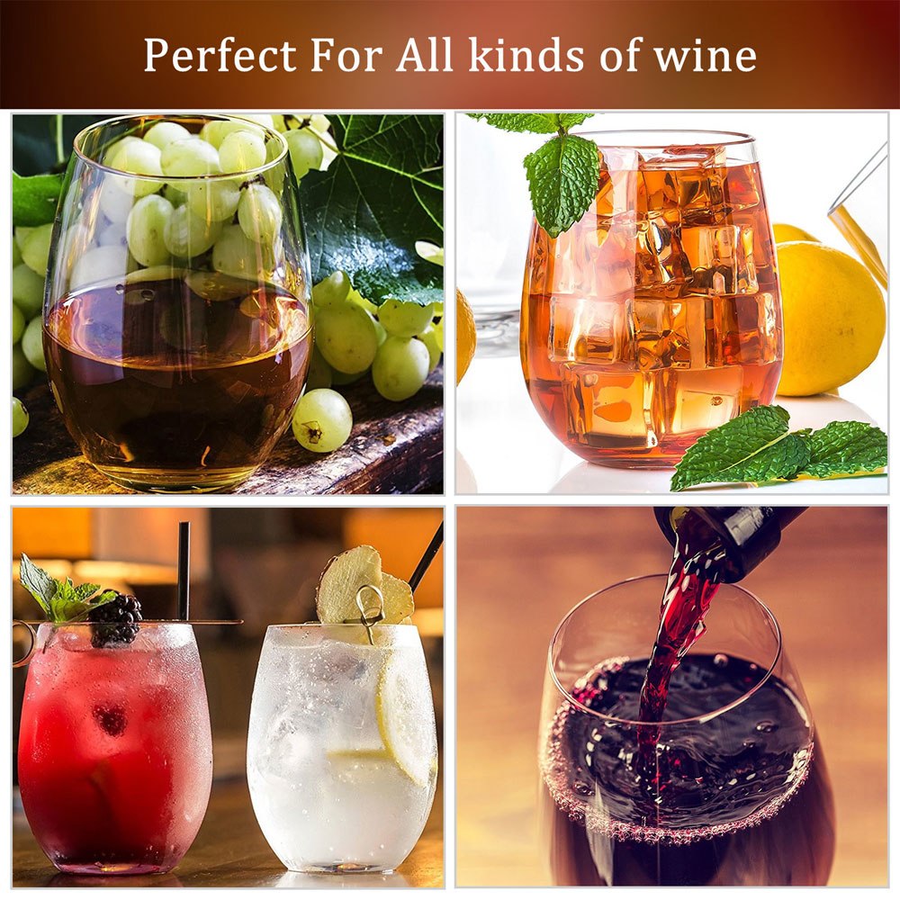 Stemless wine glasses with wine pours and mixed drinks, set of 4