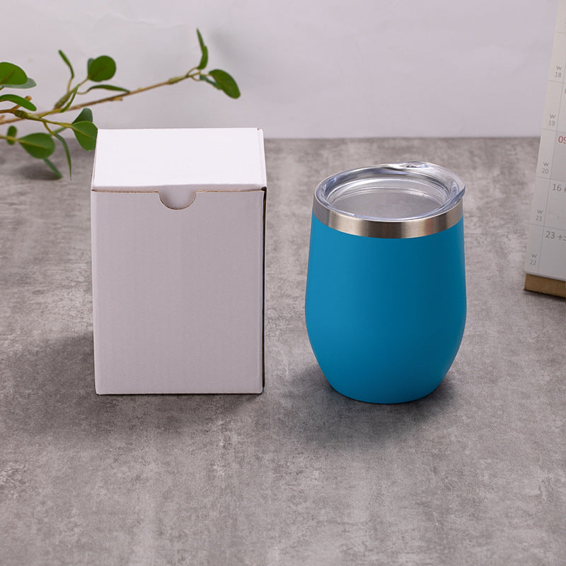 Blue egg-shaped insulated wine tumbler, double-wall stainless steel, with lid