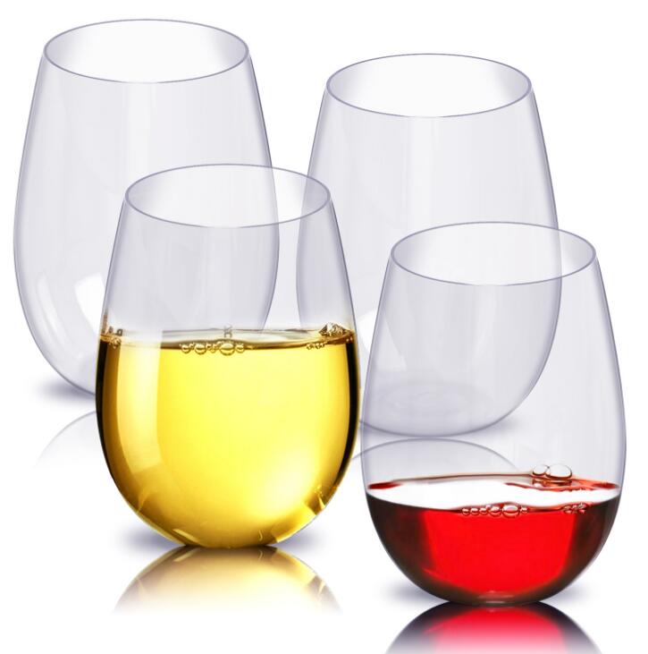 Clear stemless wine glasses with yellow and red drinks, set of 4