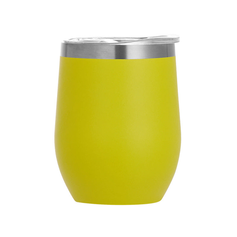 Yellow egg-shaped insulated wine tumbler, double-wall stainless steel, with lid