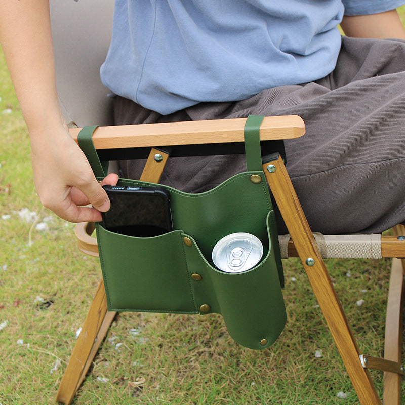 Green camping chair side storage bag with two front pockets and snap buttons