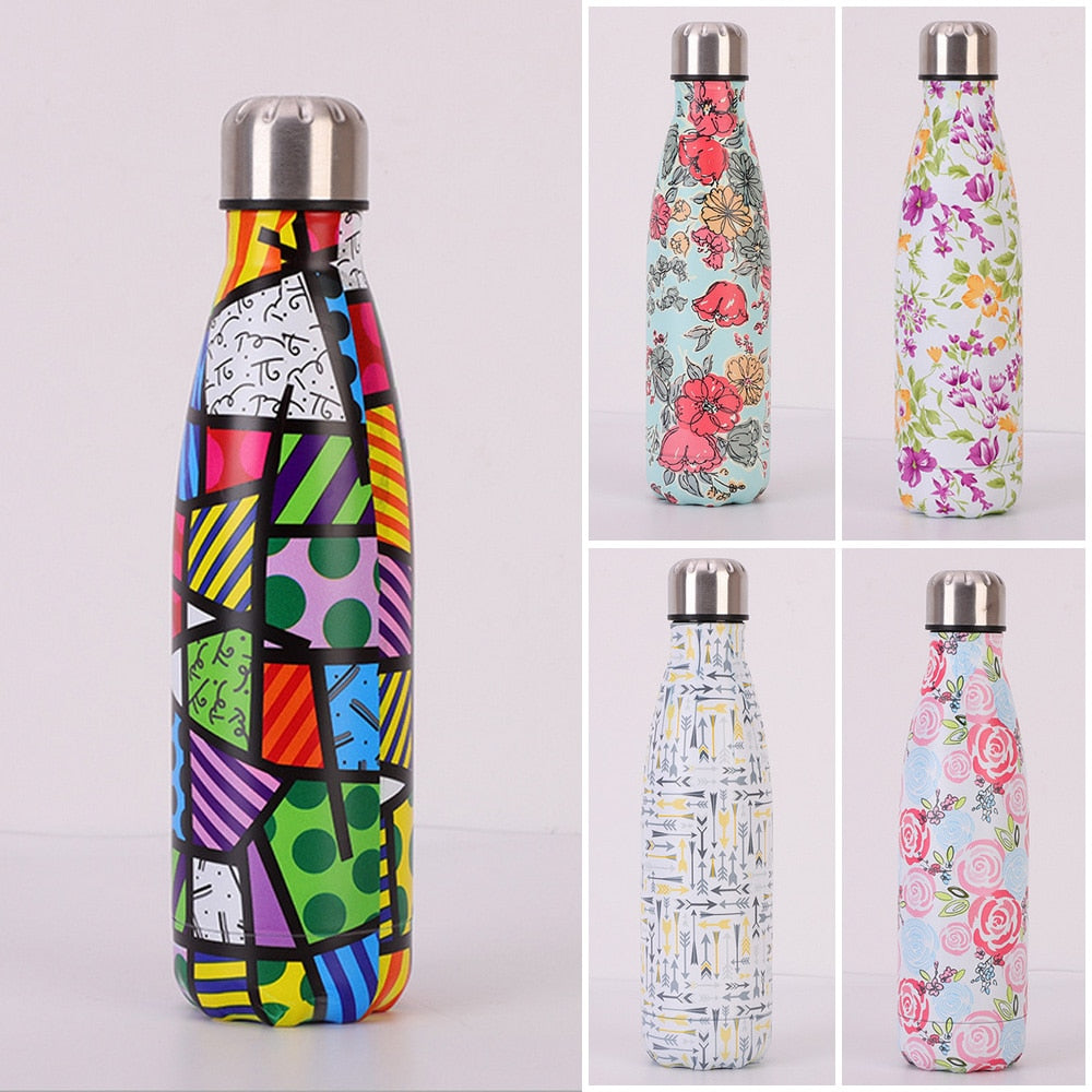 500ml vacuum insulated water bottle with colorful abstract pattern and stainless cap