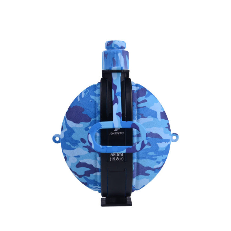 Blue camo 580ml folding silicone water bottle with black holder, spout, and side carry loops