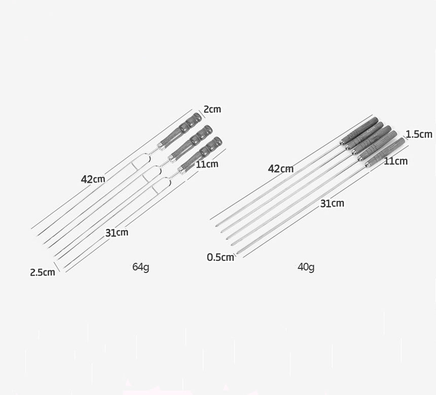 Barbecue fork set size diagram with fork lengths and weights shown