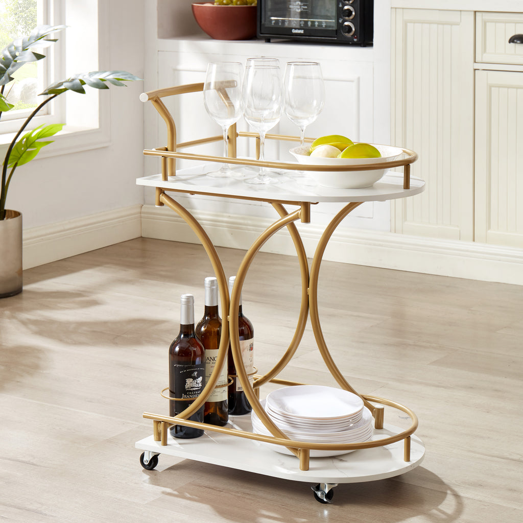Golden two-tier rolling bar cart with bottle storage and stemware rack, white marble shelves