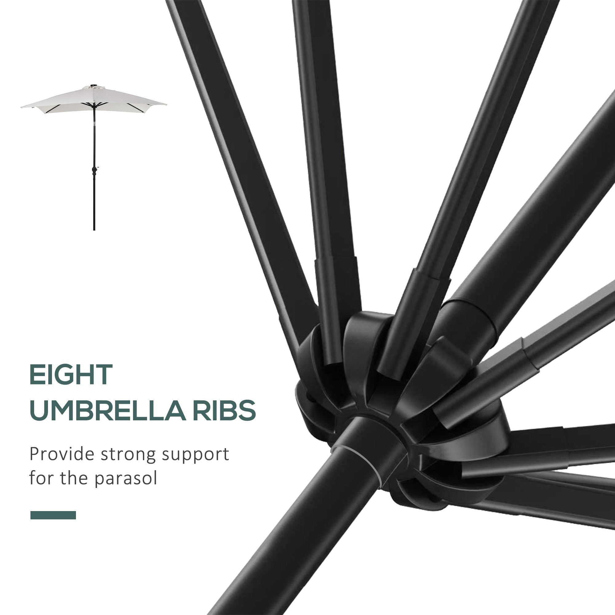 Black umbrella rib structure with central hub and attached fabric canopy supports