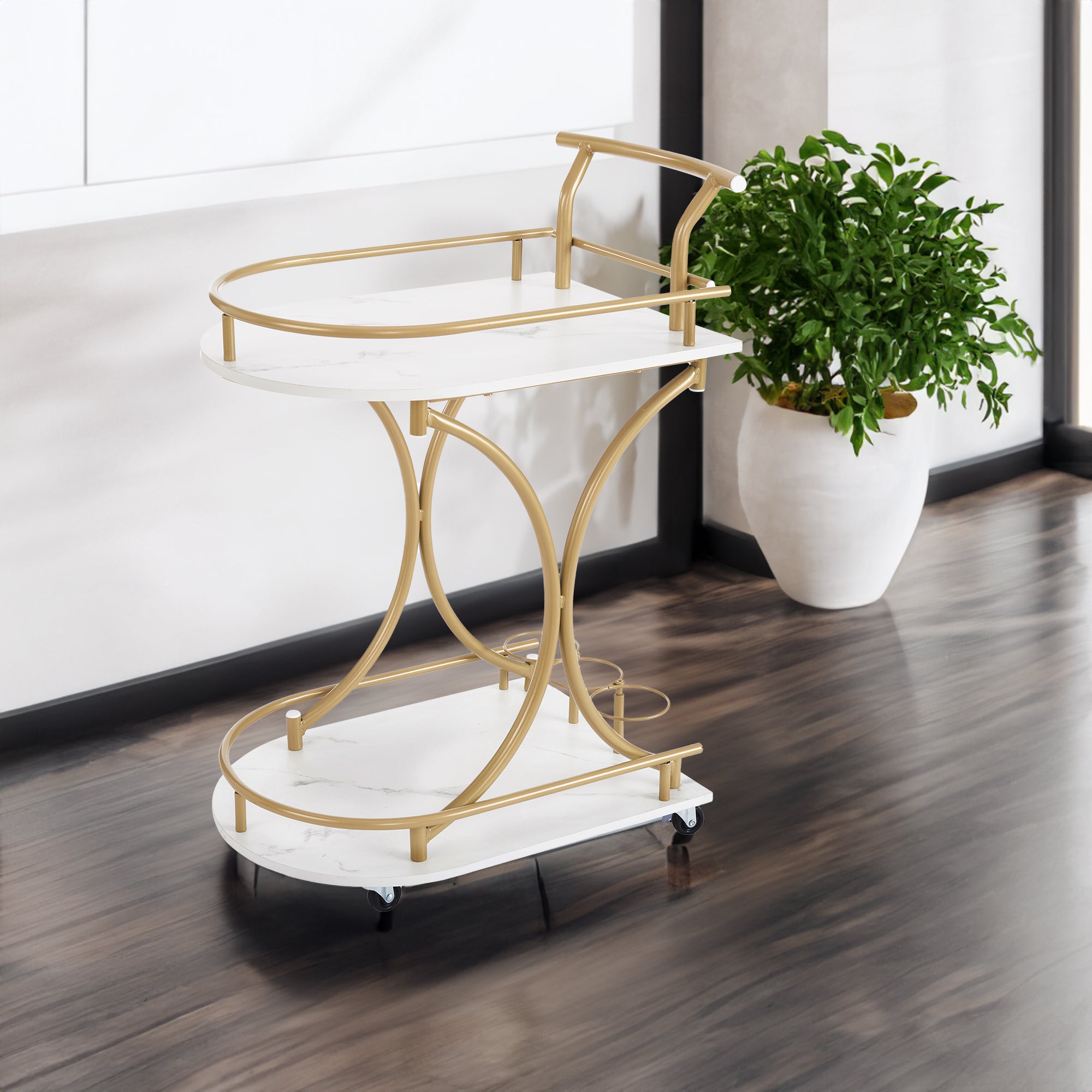 Golden double-decker rolling bar cart with two white marble-look shelves and curved frame
