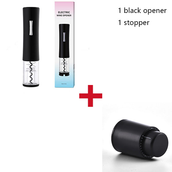 Black electric wine bottle opener with foil cutter and included stopper
