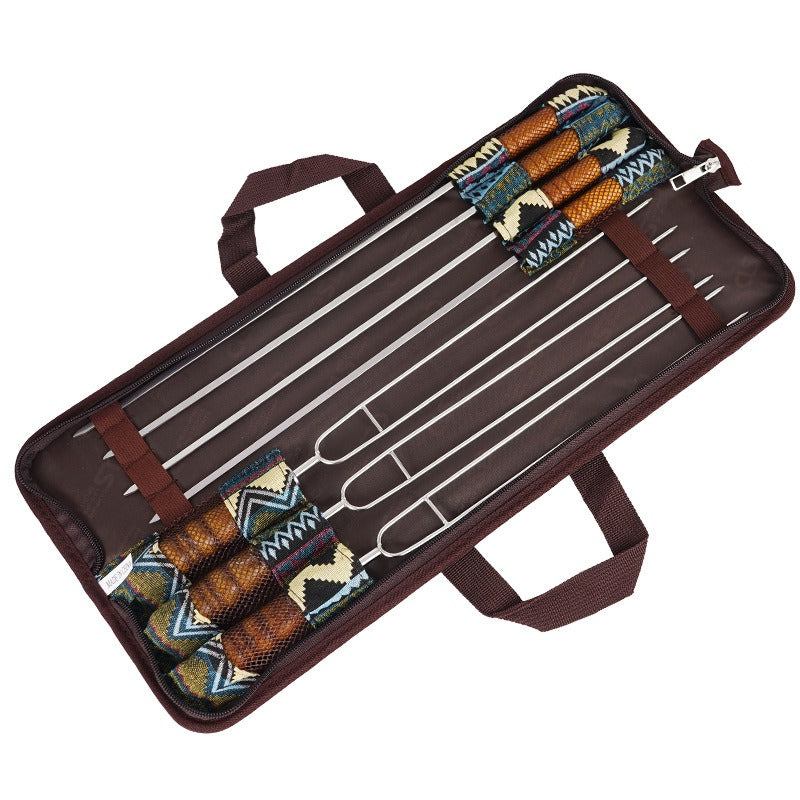 7-piece barbecue fork set in patterned carry case with elastic slots for forks