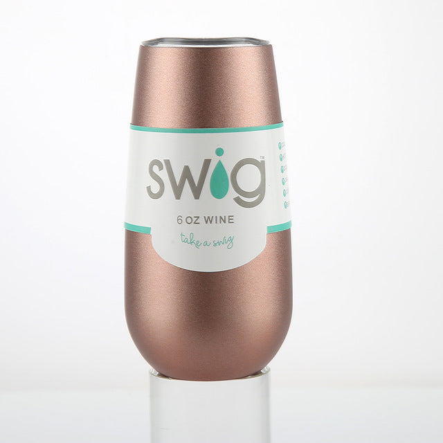 Insulated 6 oz rose gold wine tumbler with SWIG logo and teal band