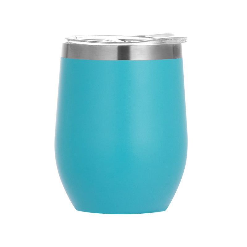 Aqua egg-shaped insulated wine tumbler, double-wall stainless steel, with lid