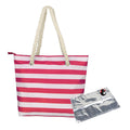 Red-and-white striped insulated wine tote bag with rope handles and foil cooler sleeve.