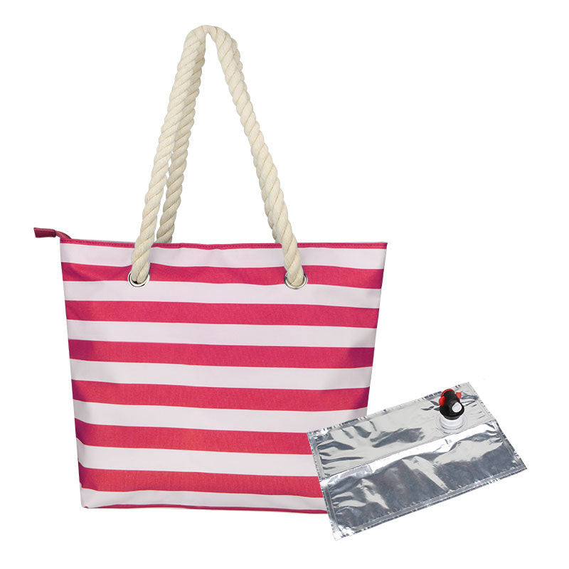 Red-and-white striped insulated wine tote bag with rope handles and foil cooler sleeve.