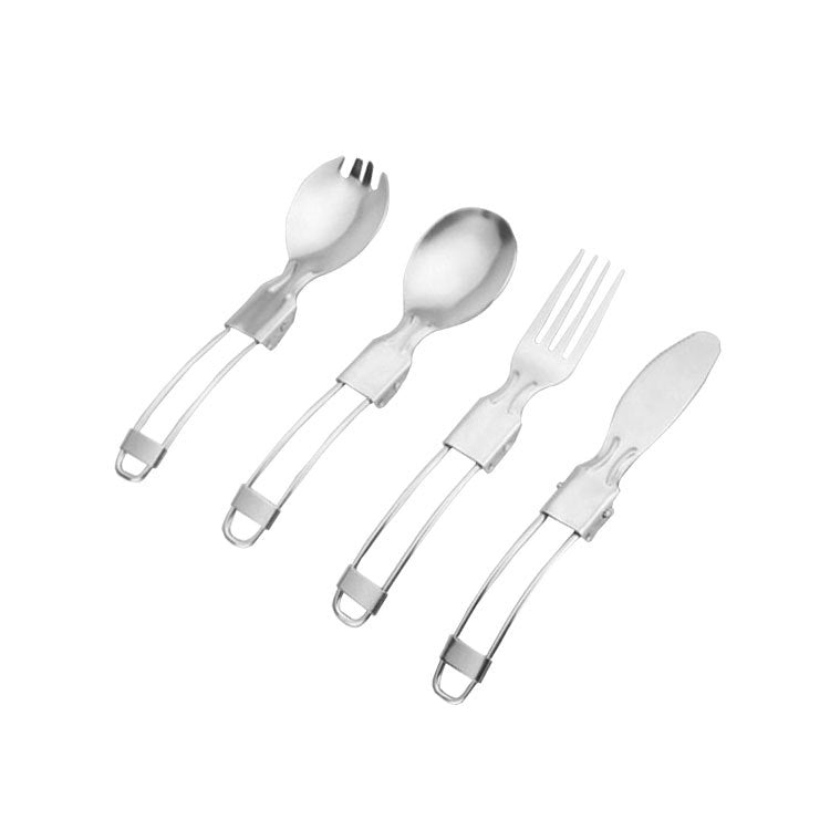 4-piece folding stainless steel cutlery set with two forks, spoon, and knife