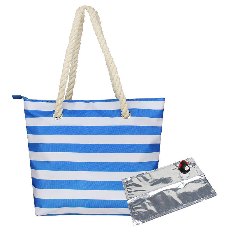 Blue-and-white striped insulated tote bag with rope handles and foil cooler sleeve.
