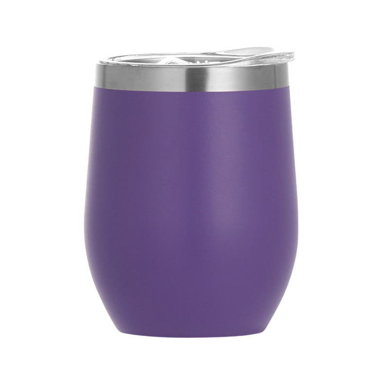 Purple egg-shaped insulated wine tumbler, double-wall stainless steel, with lid