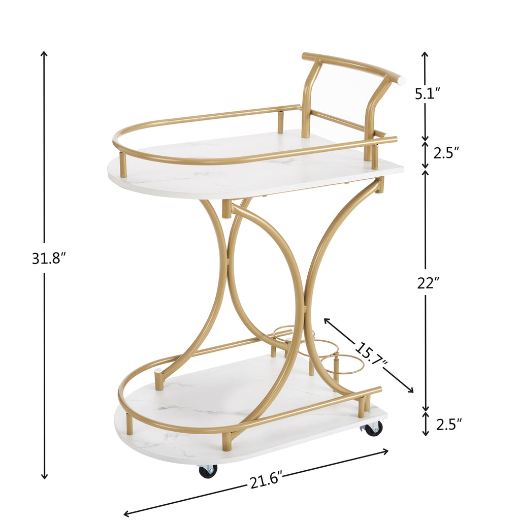 Golden double-decker bar cart with two white marble-look shelves, arched legs, and wheels