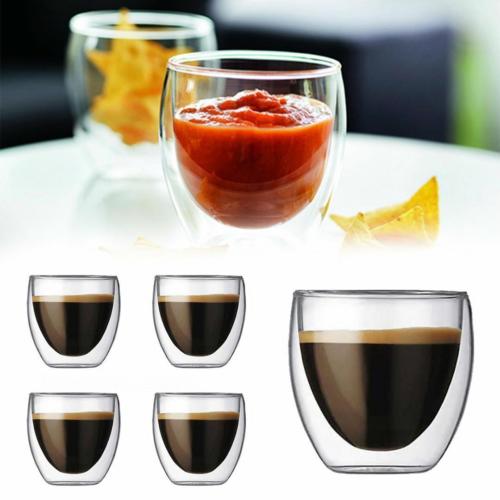 Clear double-wall glass coffee cups with dark coffee, multiple sizes shown