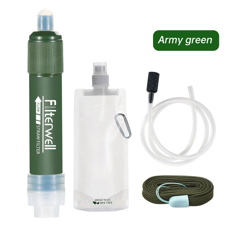 Camping water filter kit: green filter, clear water bag, hose, brush, and strap