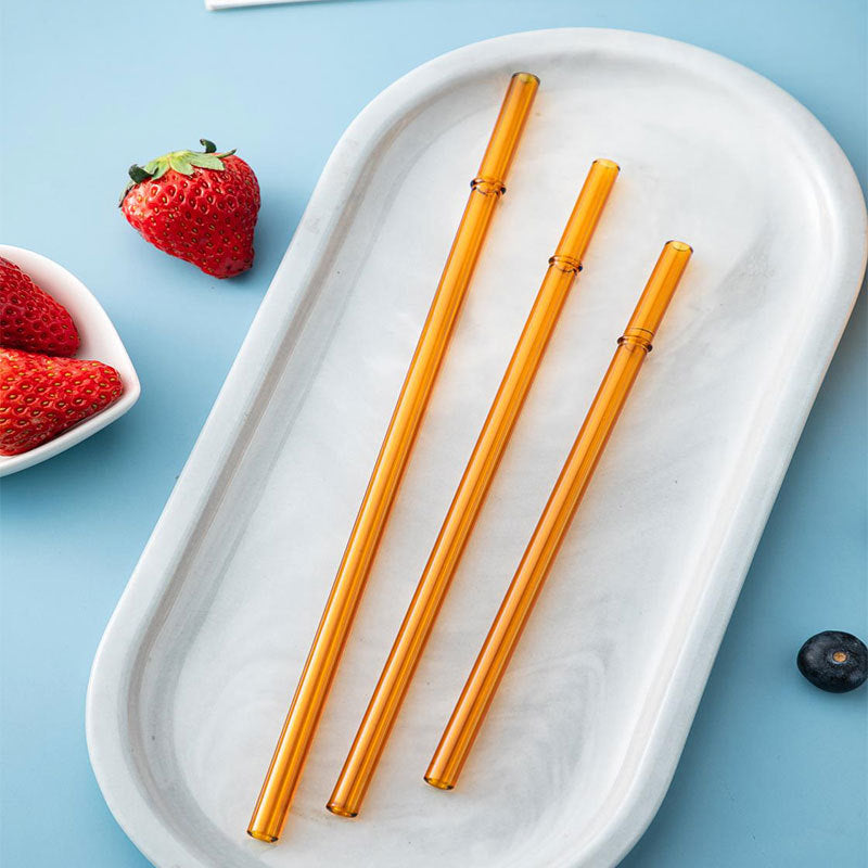 Borosilicate glass drinking straws, three orange tubes with cleaning loops