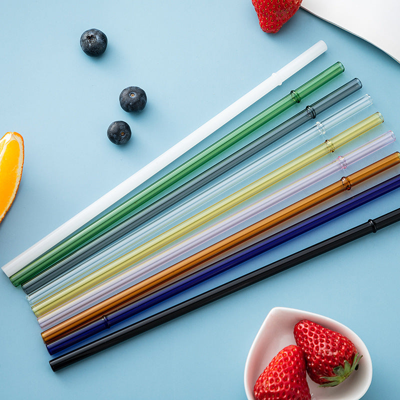Borosilicate glass drinking straw set, assorted colored straws with metal cleaning loops