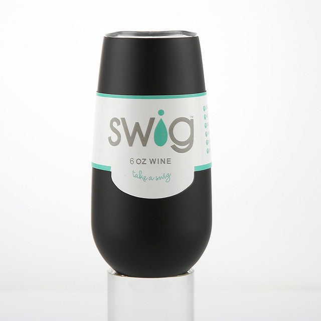 Insulated 6 oz black wine tumbler with SWIG logo and teal band