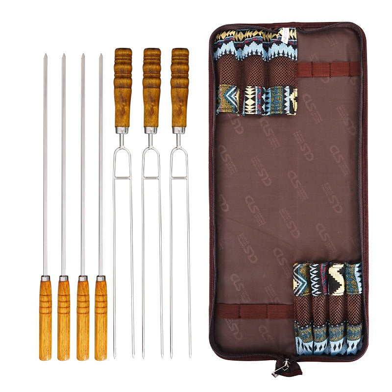 Barbecue fork set with wooden-handled forks and stainless forks, in carry case