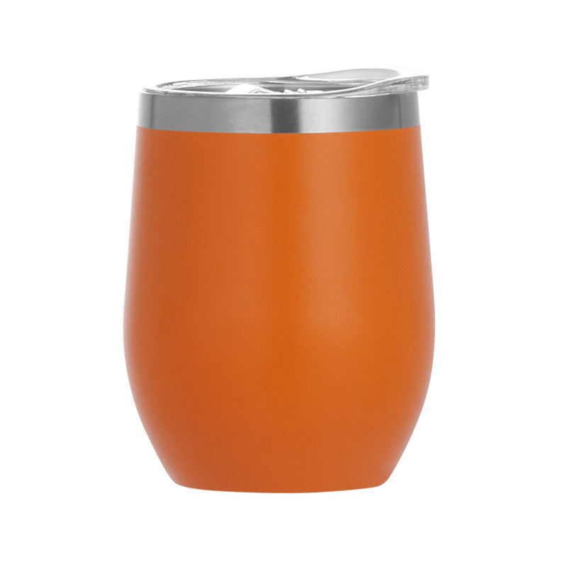 Orange egg-shaped insulated wine tumbler, stainless lid, double-wall 12oz