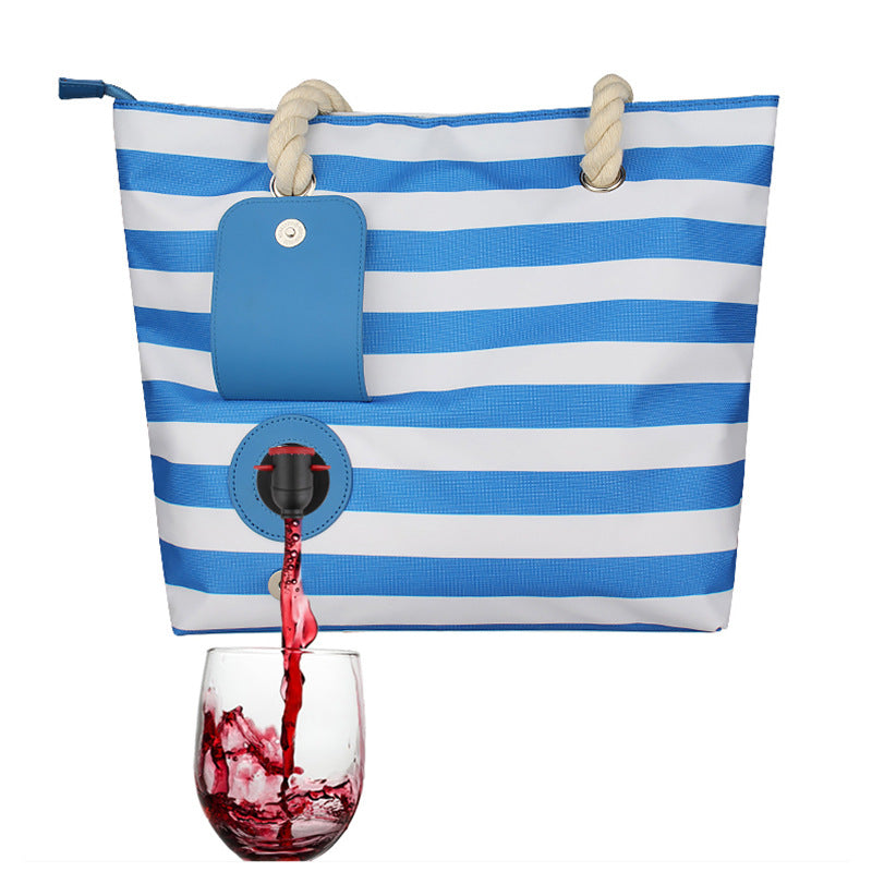 Blue-and-white striped insulated wine tote bag with rope handles and front pocket.