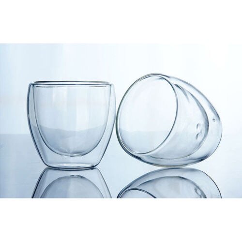 Clear double-wall glass mug close-up, empty stacked view showing rounded walls