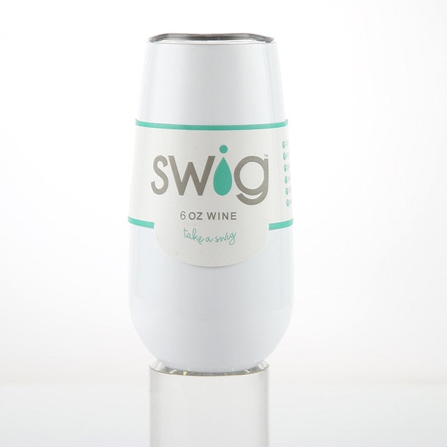 Insulated 6 oz white wine tumbler with SWIG logo and teal band