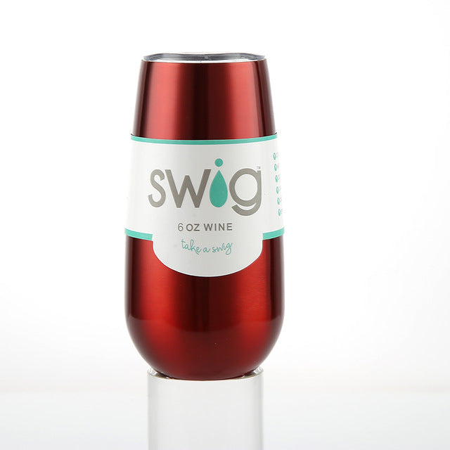 Insulated 6 oz red wine tumbler with SWIG logo and teal band