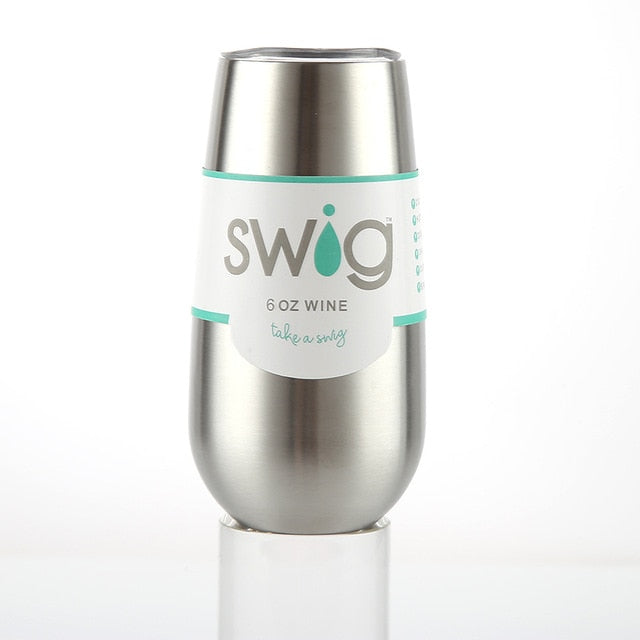 Insulated 6 oz stainless wine tumbler with SWIG logo and teal band