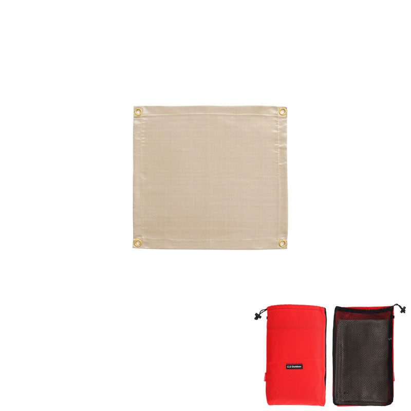 Fireproof camping blanket mat, beige square with corner grommets; storage pouch set