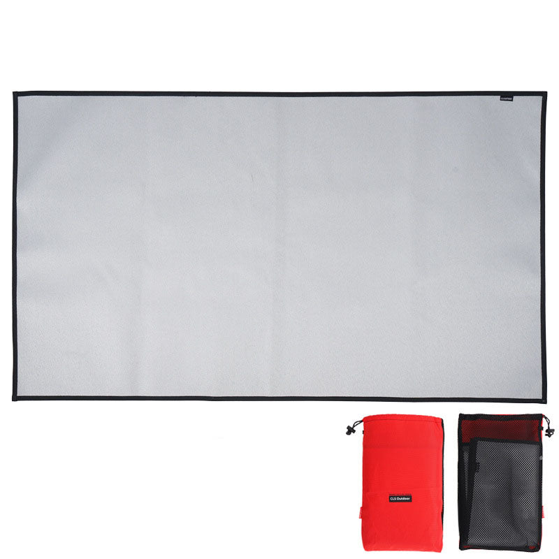 Fireproof camping blanket mat, large gray rectangle with black edge; red and mesh storage pouches