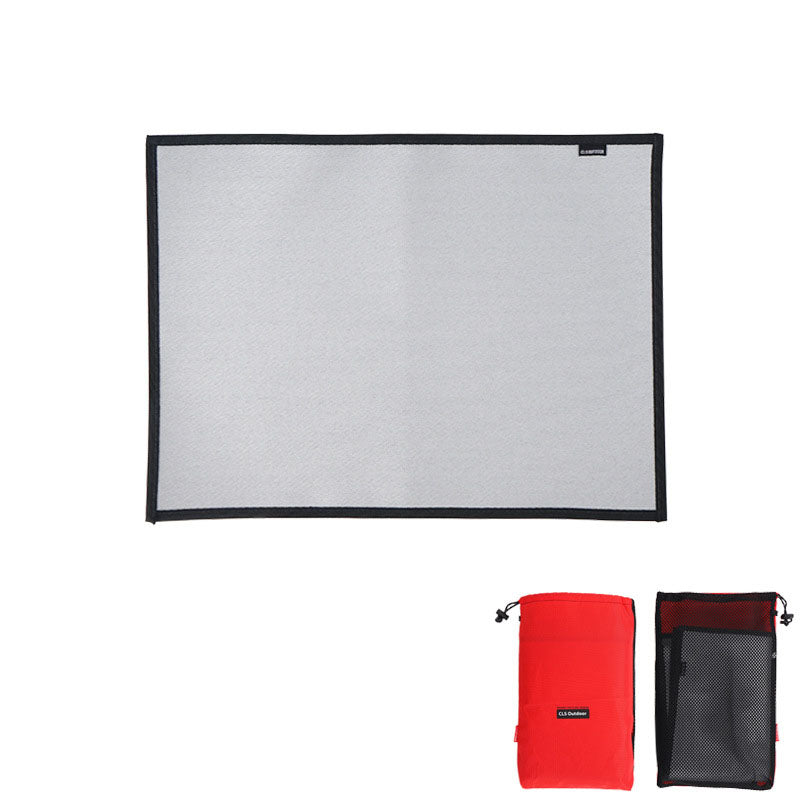 Fireproof camping blanket mat, gray square with black border; red and black storage pouches