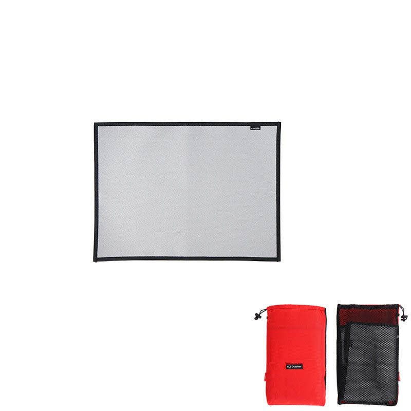 Fireproof camping blanket mat, gray square with black edge; storage pouch set