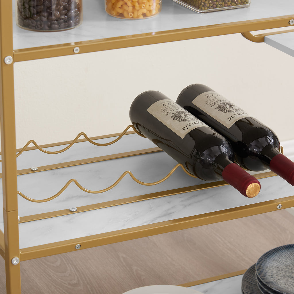 Gold wine rack shelf on a 6-tier bar cart holding dark wine bottles