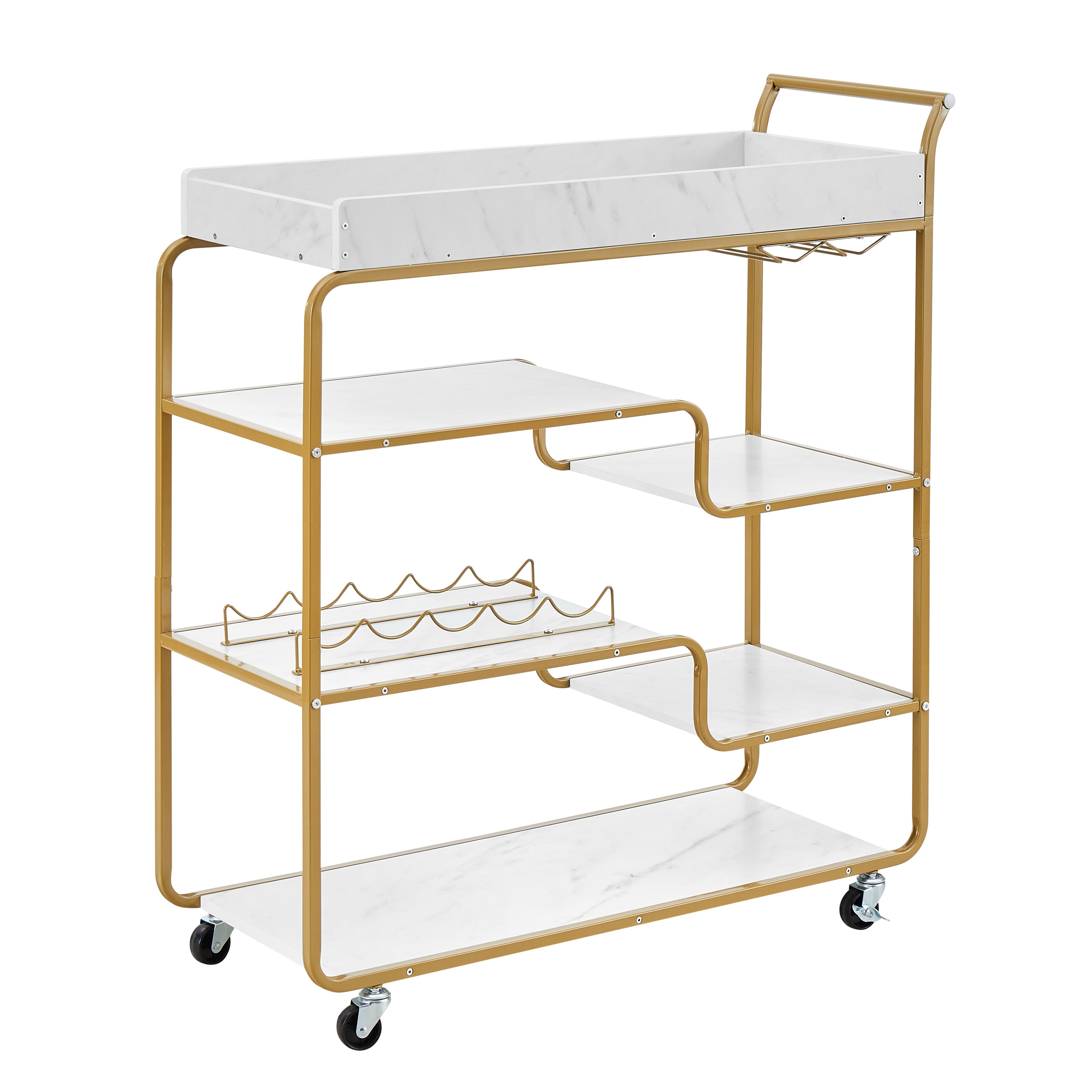 Gold 6-tier rolling bar cart with wine rack and glass holder, white top and shelves