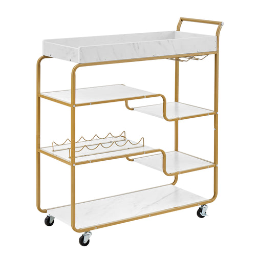 Gold 6-tier rolling bar cart with wine rack and glass holder, white top and shelves