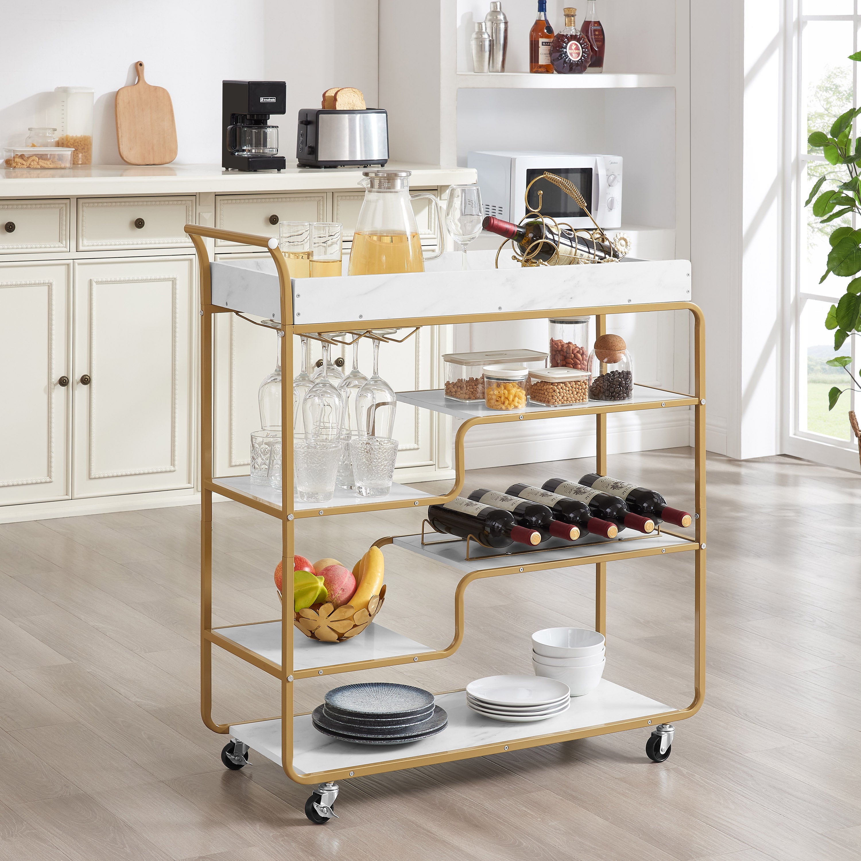 Gold 6-tier bar cart with wine bottle rack, stemware holder, and white serving shelves