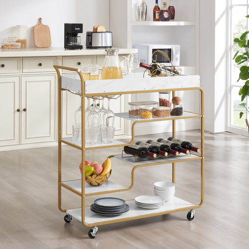 Gold 6-tier bar cart with wine bottle rack, stemware holder, and white serving shelves