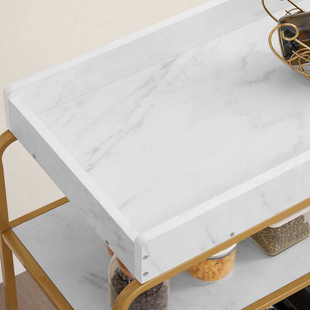 White marble-look top on a gold 6-tier bar cart with rounded metal corner frame