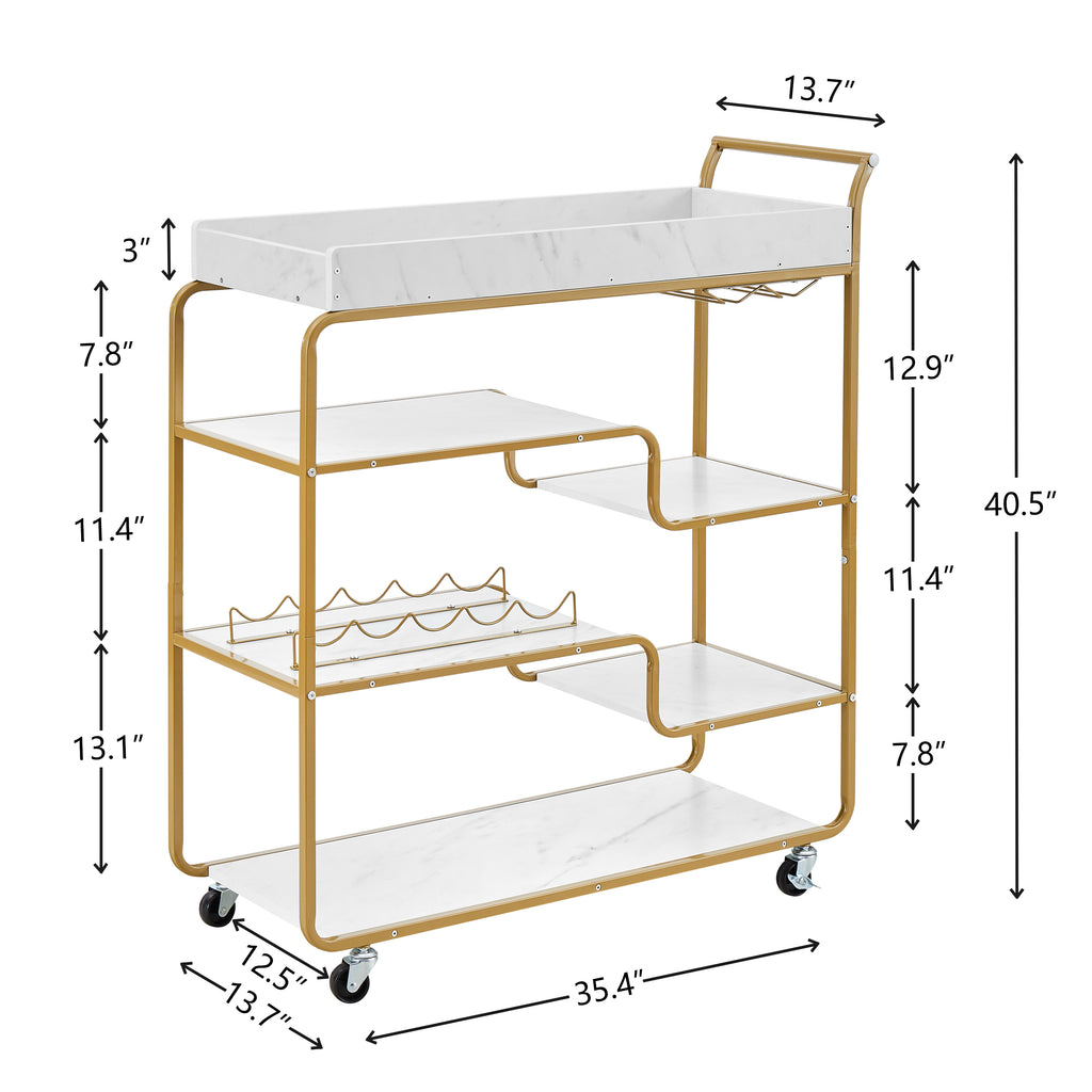 Gold 6-tier bar cart with wine bottle rack, stemware holder, and multi-level serving shelves