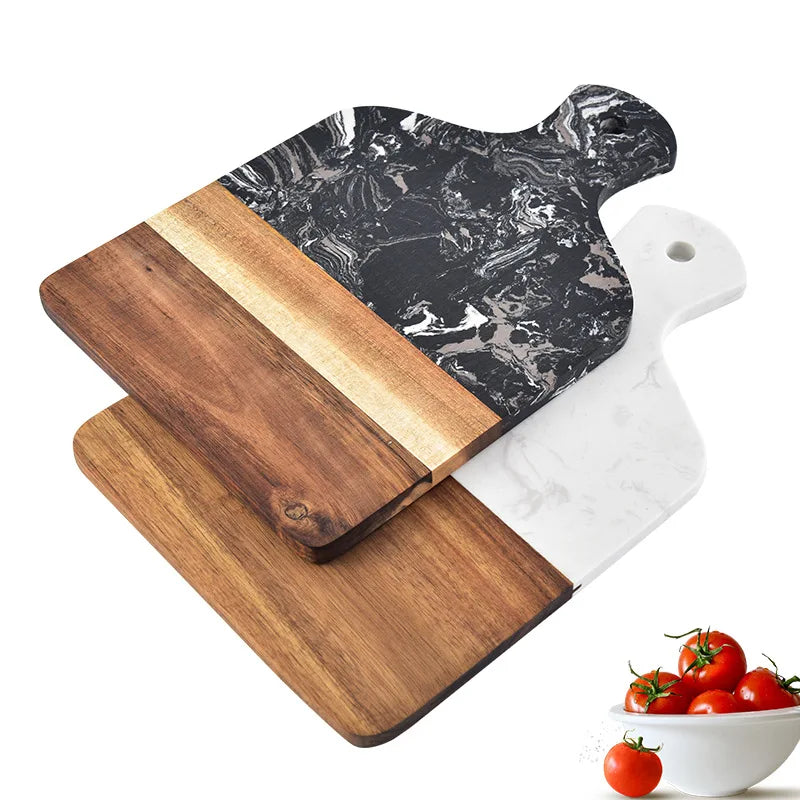 Marble and acacia wood cutting board with black stone surface, acacia edge, and white non-slip base