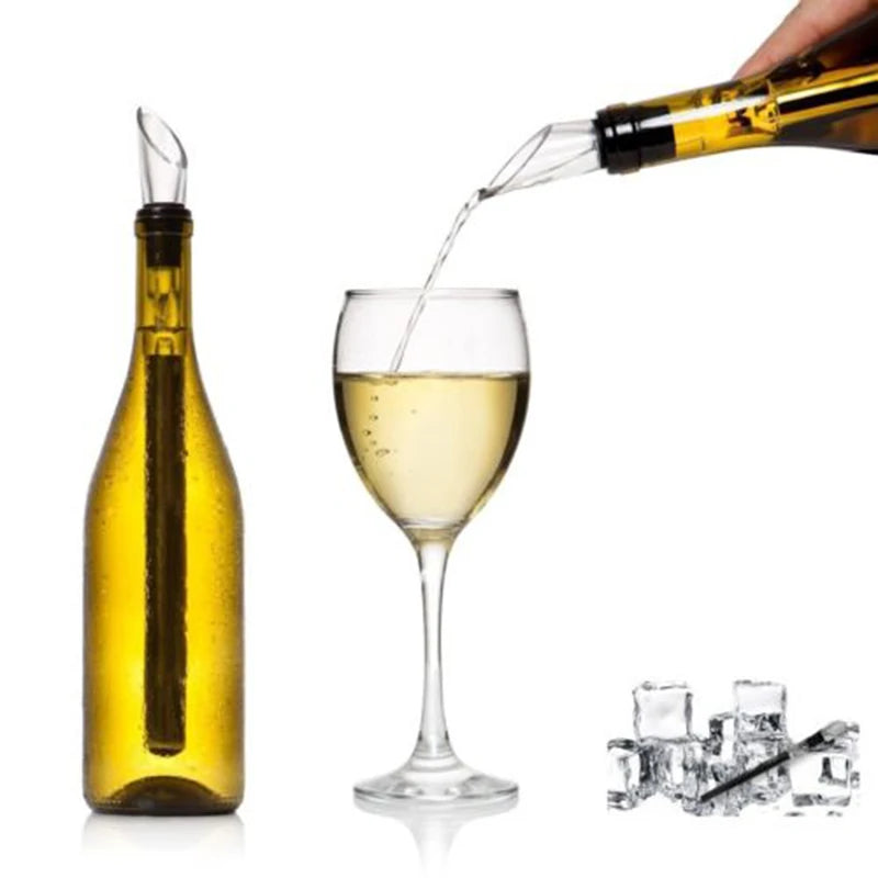 Stainless steel wine chiller stick with pourer, attached to bottle neck with clear tube